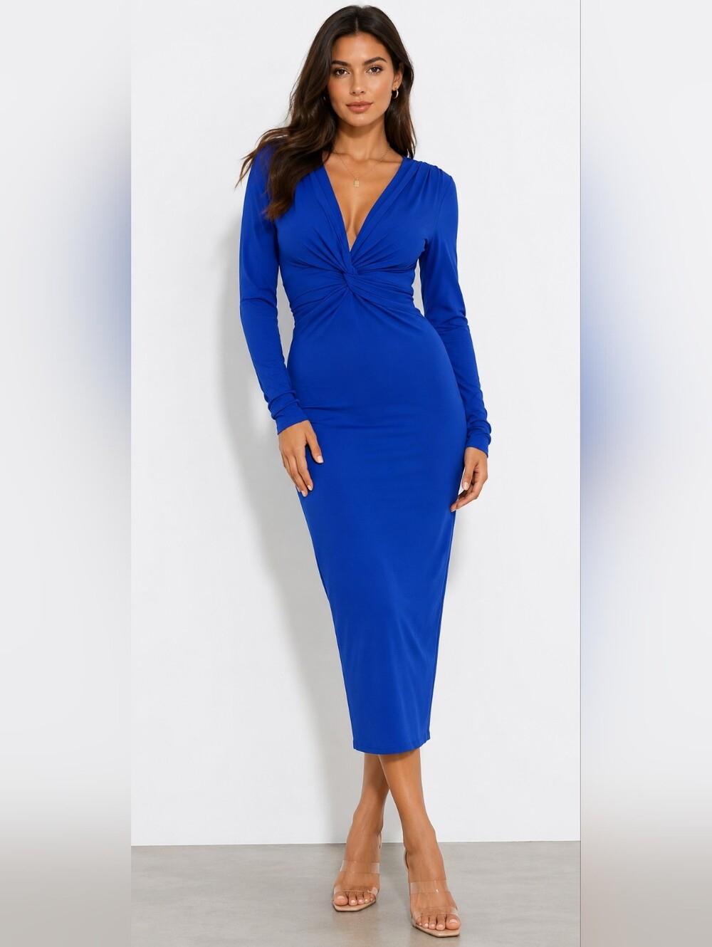 Ronny Kobo Lara Twist Front Metallic Royal Blue Jersey Midi Dress XSmall NWT
